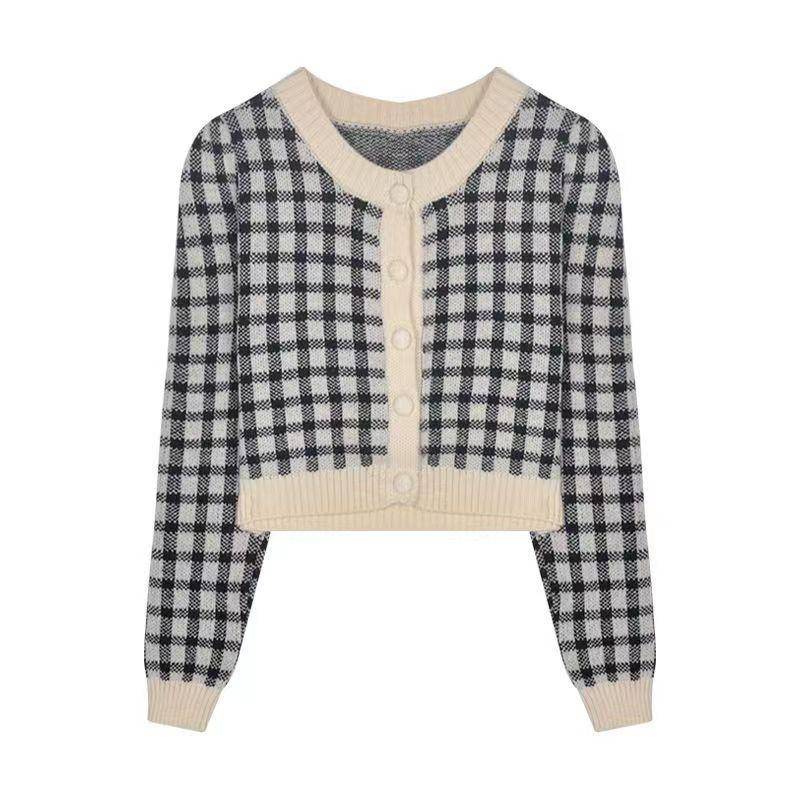 Warme Schachbrett Alle-spiel Hohe Taille Retro Plaid Pullover Frauen Kurze Strickjacke L von Joom DACH