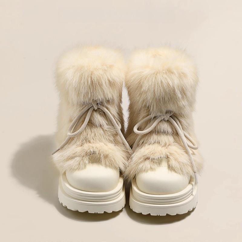 Warme Schneestiefel für den Winter für Damen, zum Schnüren, rutschfest, mit Kunstfell gefüttert, Stiefeletten, klobige Plateaustiefeletten aus Plüsch mit Kunstfell an der Wade, bequeme kurze Stiefel 38 von Joom DACH