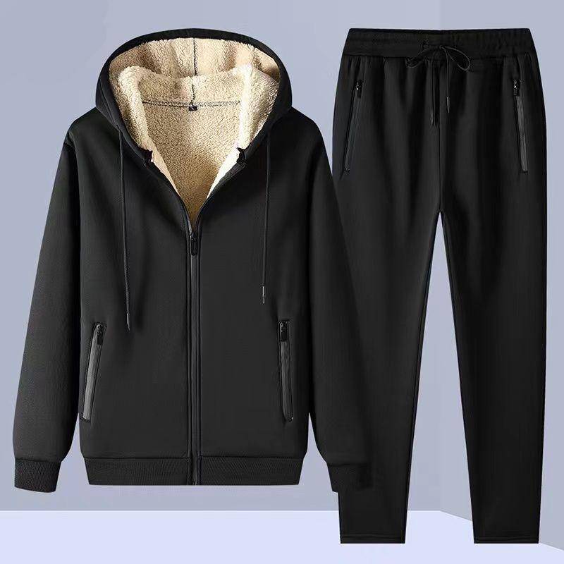 Warme Sport Anzug Männer 2 Teile/satz Winter Sportsuit Thermo Hoodies Sets Fleece Trainingsanzug Winddicht Gym Run Sportswear XXL schwarz von Joom DACH