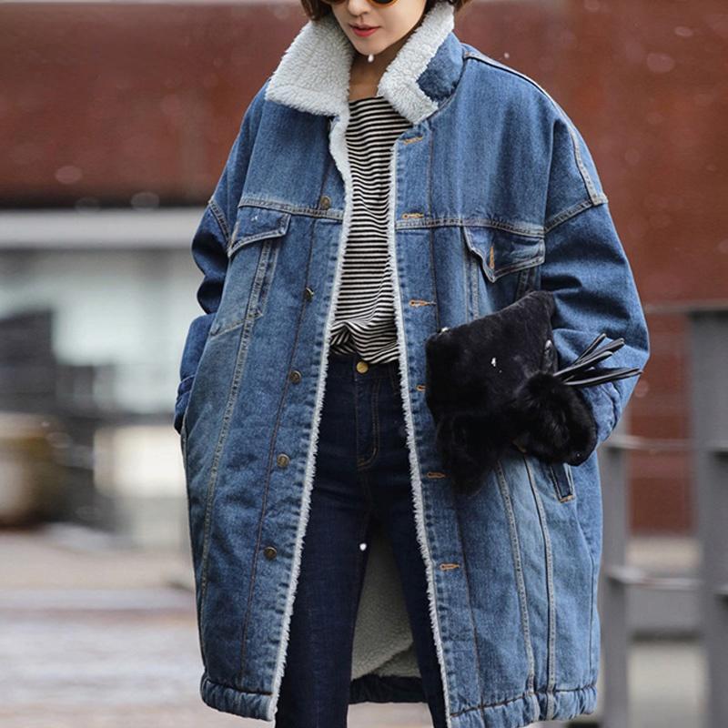 Warme Winter-Jeansjacke Damenmode Herbstfutter Jeans Langer Mantel Damen Bomberjacken Jeansjacke 3XL blau von Joom DACH