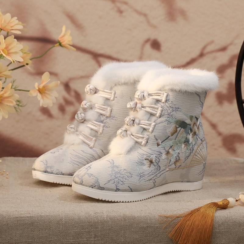 Warme Winter-Schneestiefel für Damen, Plateau-Schlupfstiefeletten mit Kunstfellfutter, Stiefeletten, bequeme, bestickte, kurze Wanderstiefel mit Fleecefutter für Damen 37 graue von Joom DACH