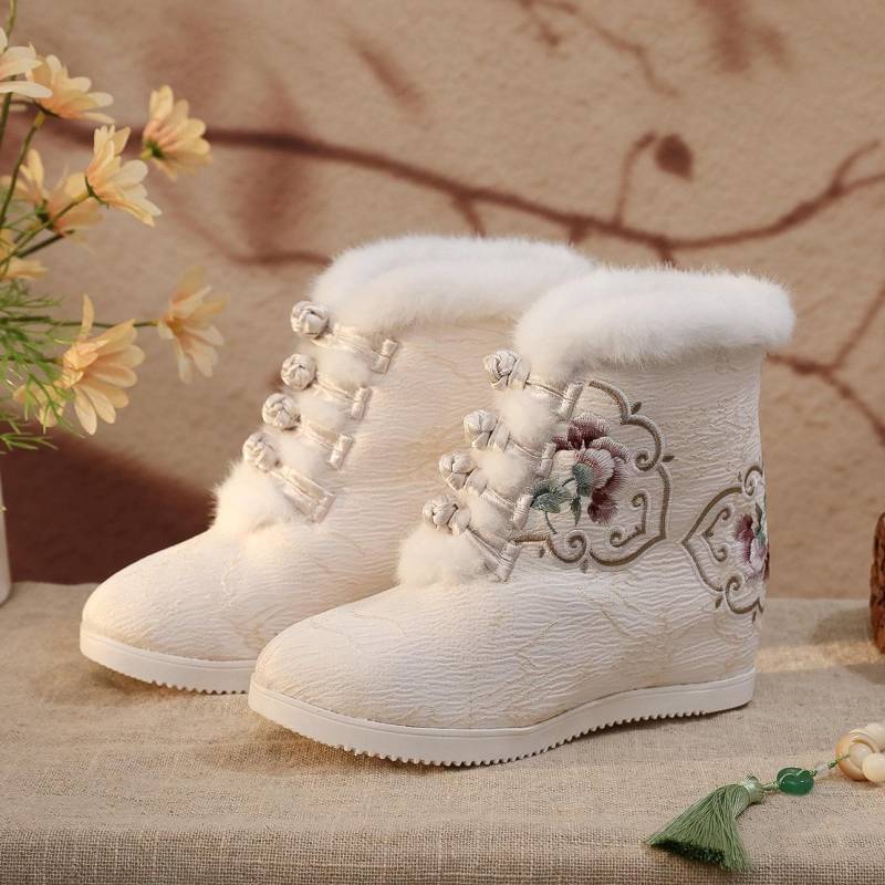 Warme Winter-Schneestiefel für Damen, Plateau-Schlupfstiefeletten mit Kunstfellfutter, Stiefeletten, bequeme, bestickte, kurze Wanderstiefel mit Fleecefutter für Damen 37 von Joom DACH