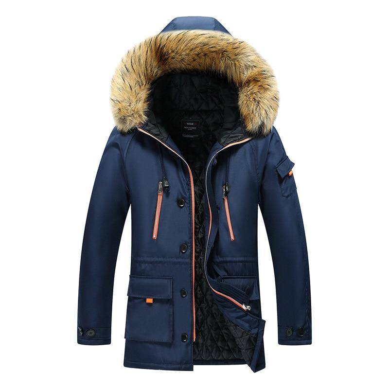 Warmer, dicker Thermo-Outdoor-Mantel für Herren, Reißverschluss, mehrere Taschen, Herren-Winterjacke, Pelzkragen, lässige Parka-Daunenjacke mit Kapuze 8XL navy blau von Joom DACH