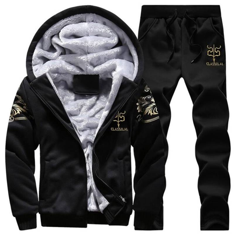 Warmer Anzug für Herren im Herbst und Winter mit großem Aufdruck, langärmeligem Kapuzen-Reißverschlusshemd + dicker Hose, zweiteiliges Set XS schwarz von Joom DACH