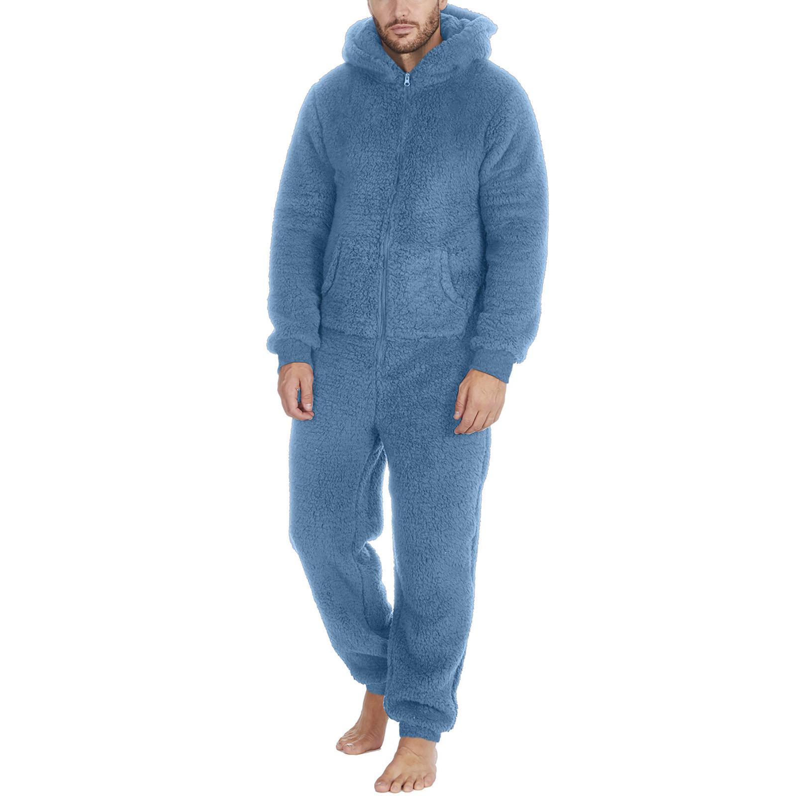 Warmer Plüsch-Overall mit Reißverschluss für Herren, warmer Pyjama L blau von Joom DACH