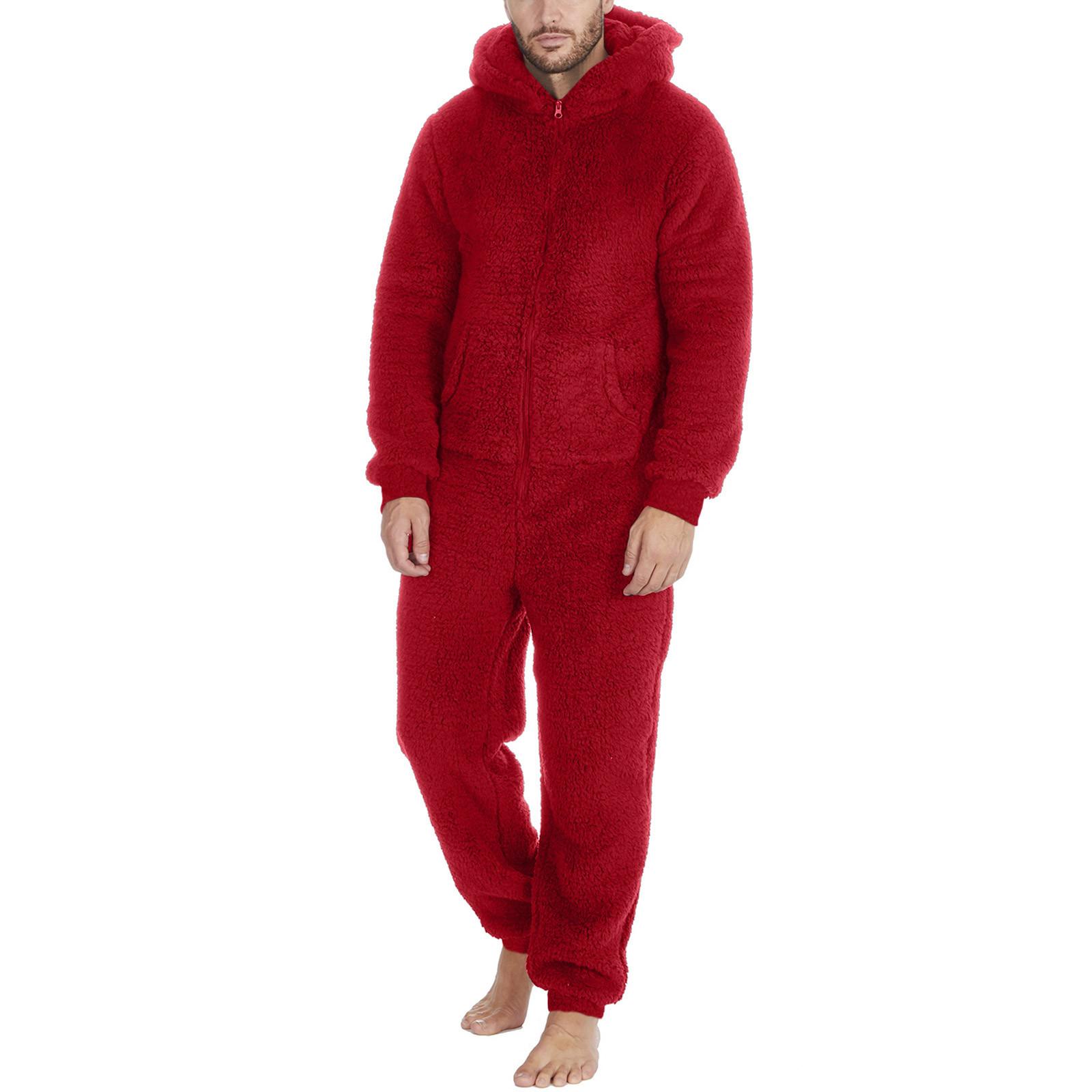 Warmer Plüsch-Overall mit Reißverschluss für Herren, warmer Pyjama L rot von Joom DACH