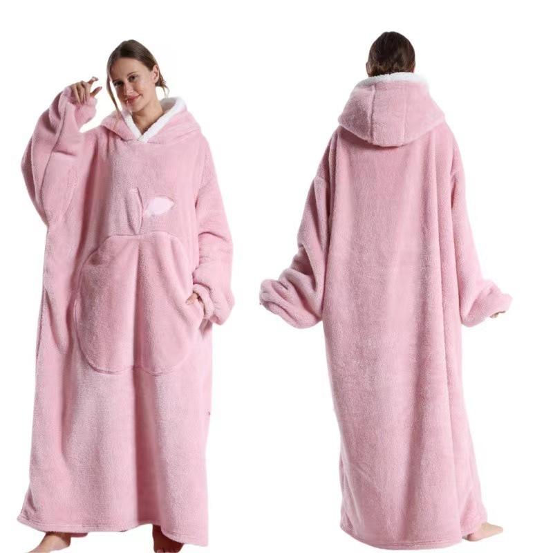 Warmer Winter-Fleece-Kapuzenmantel für Damen, einfarbig, 140 cm, übergroße Ärmeldecke, Fleece, warme Kapuzenpullover, Sweatshirts, riesige TV-Decke, Kapuzenmantel für Damen extended length 140cm von Joom DACH