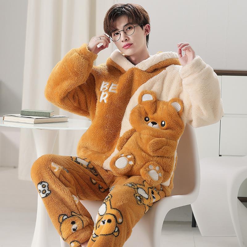 Warmes Flanell-Pyjama-Set für Herren im Herbst und Winter, langärmelige Hose, zweiteiliges Set, süße, weiche Heimkleidung, Kleidung für große Jungen XL von Joom DACH