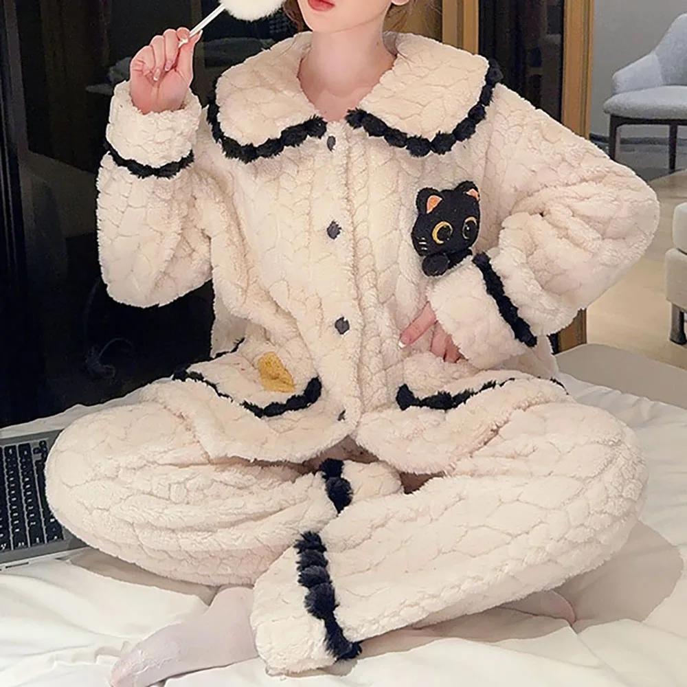 Warmes Winter-Pyjama-Set für Damen, Korallensamt-Pyjama, Flanell-verdickter Cartoon-Pyjama, Übergroße Hauskleidung, Übergroßer Pyjama 4XL von Joom DACH