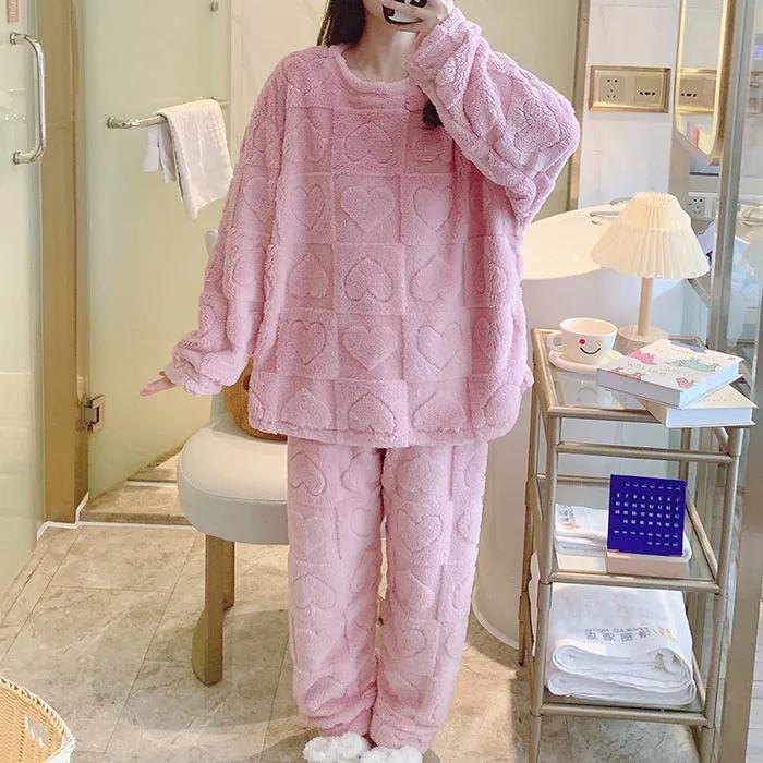 Warmes Winter-Pyjama-Set für Damen, Korallensamt-Pyjama, Flanell-verdickter Cartoon-Pyjama, Übergroße Hauskleidung, Übergroßer Pyjama 6XL rosa von Joom DACH