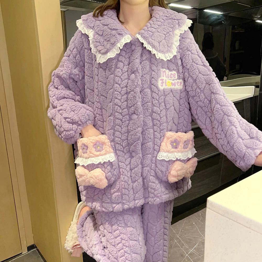 Warmes Winter-Pyjama-Set für Damen, Korallensamt-Pyjama, Flanell-verdickter Cartoon-Pyjama, Übergroße Hauskleidung, Übergroßer Pyjama 6XL von Joom DACH