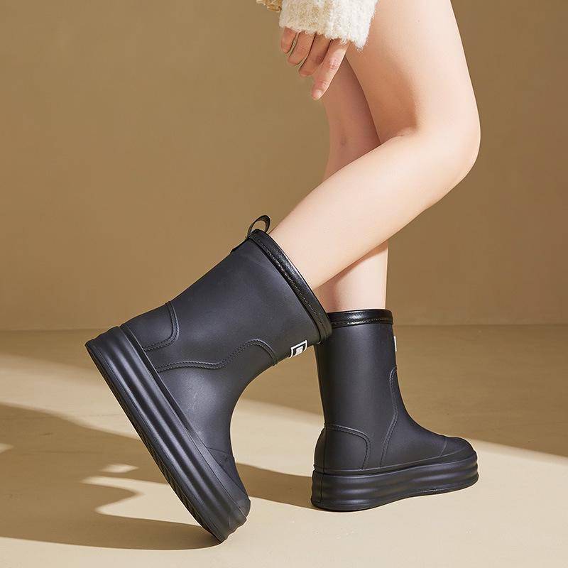 Wasserdichte Damen-Regenstiefel in Mittelrohr-Optik mit gesäumten Bündchen – Gummischuhe mit Samt für den Außenbereich und die Küche 38/39 schwarz von Joom DACH