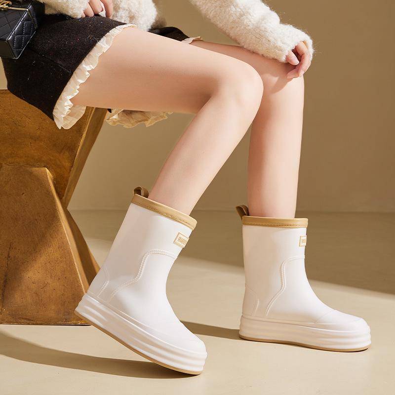 Wasserdichte Damen-Regenstiefel in Mittelrohr-Optik mit gesäumten Bündchen – Gummischuhe mit Samt für den Außenbereich und die Küche 38/39 grauweiß von Joom DACH