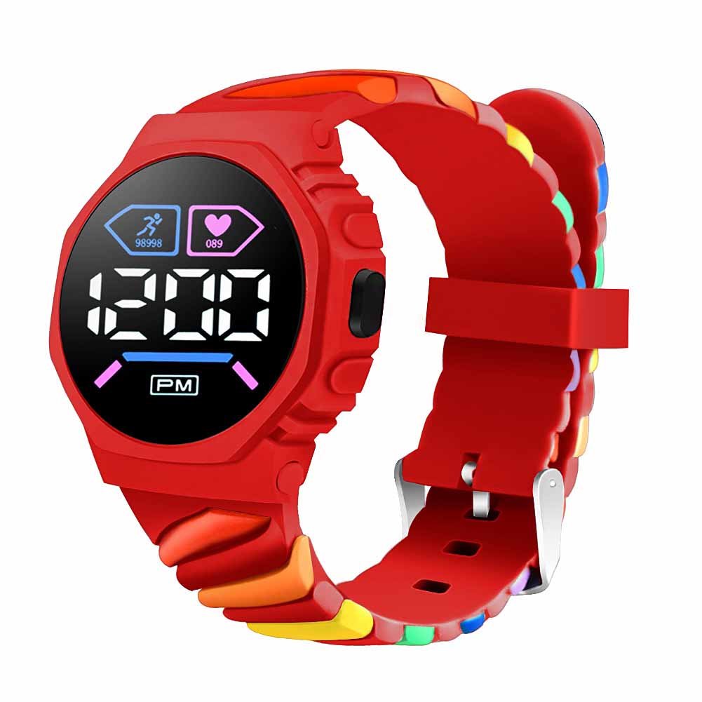 Wasserdichte LED Digital Kinder Kinderuhr Armbanduhr Silikon Regenbogen Kreativ Student Sport Elektronisch Jungen Mädchen Uhren rot von Joom DACH