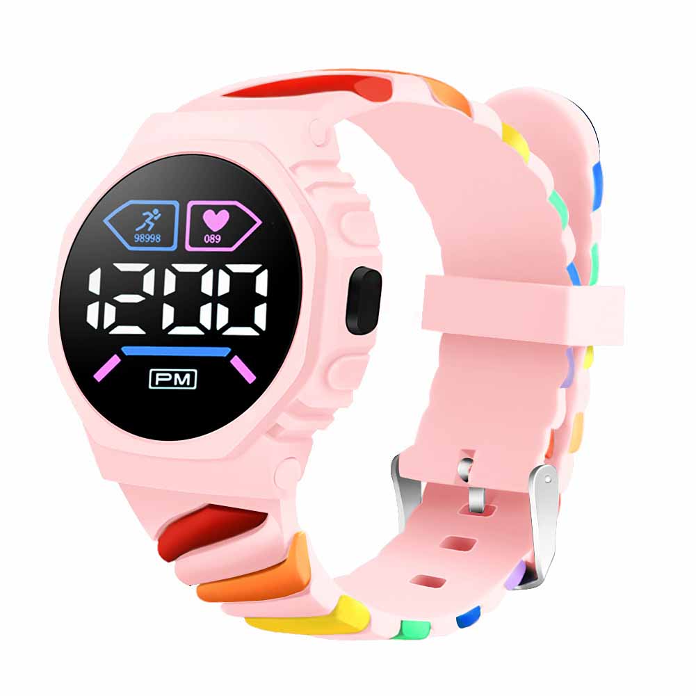 Wasserdichte LED Digital Kinder Kinderuhr Armbanduhr Silikon Regenbogen Kreativ Student Sport Elektronisch Jungen Mädchen Uhren rosa von Joom DACH