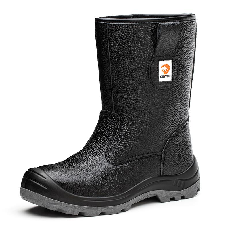 Wasserdichte Stiefel mit mittlerer Wade Herren Sicherheitsschuhe Arbeitslederstiefel Anti-Smash Anti-Pannen Industrieschuhe Schutzstiefel Rindsleder 43 schwarz von Joom DACH