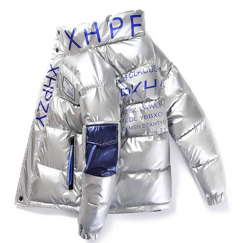 Wasserdichte glänzende Jacke Winter Herren Streetwear Dicker Parka Männliche Mode Junge Hip Hop Baumwolle Gefütterte Jacke Markenqualität Outwear Parka Mäntel Größe M-4XL XL silber von Joom DACH