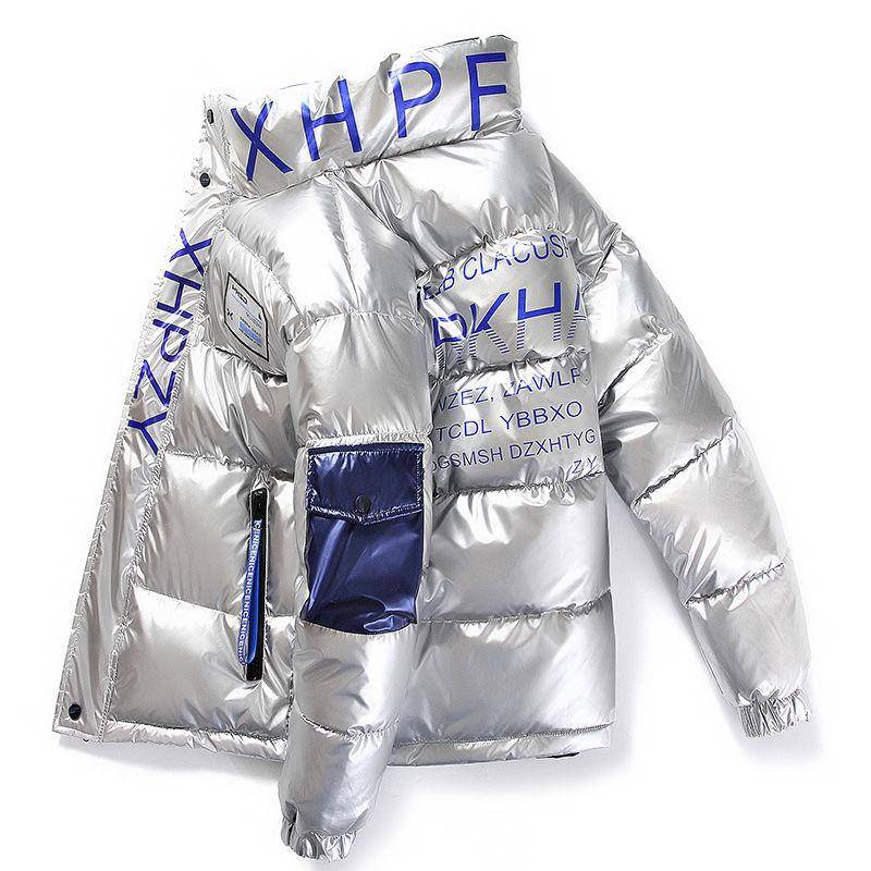 Wasserdichte glänzende Jacke Winter Herren Streetwear Dicker Parka Männliche Mode Junge Hip Hop Baumwolle Gefütterte Jacke Markenqualität Outwear Parka Mäntel Größe M-4XL XL silber von Joom DACH