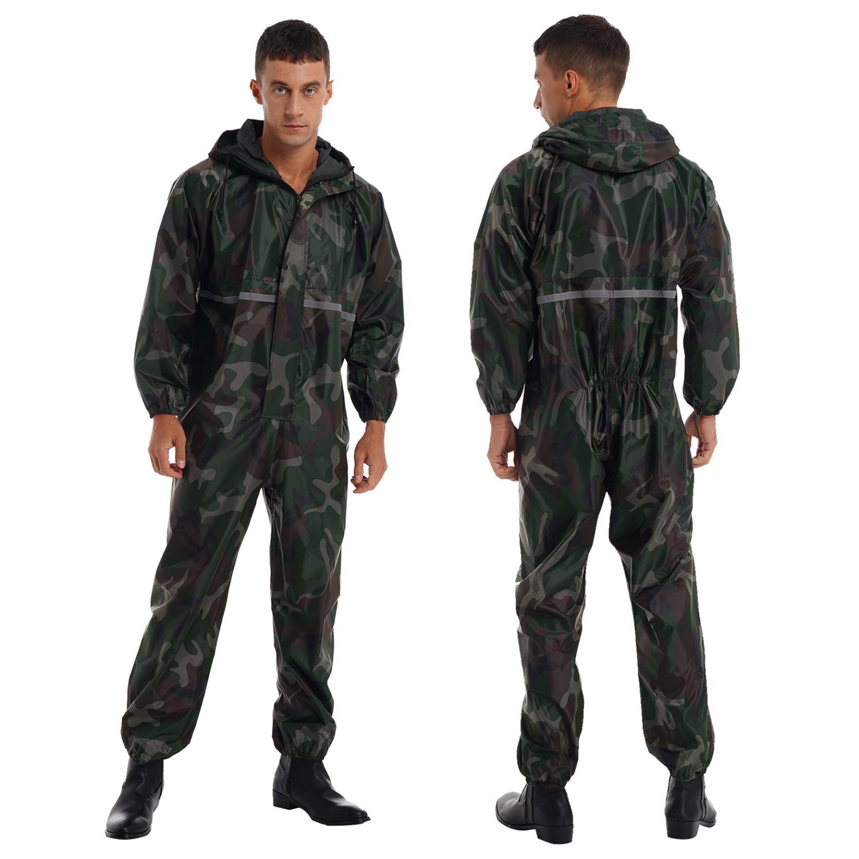 Wasserdichter Herren-Overall, reflektierender Streifen, Regenanzug, langärmelig, Kapuzen-Regenmantel, Reißverschluss-Overall 4XL camouflage von Joom DACH