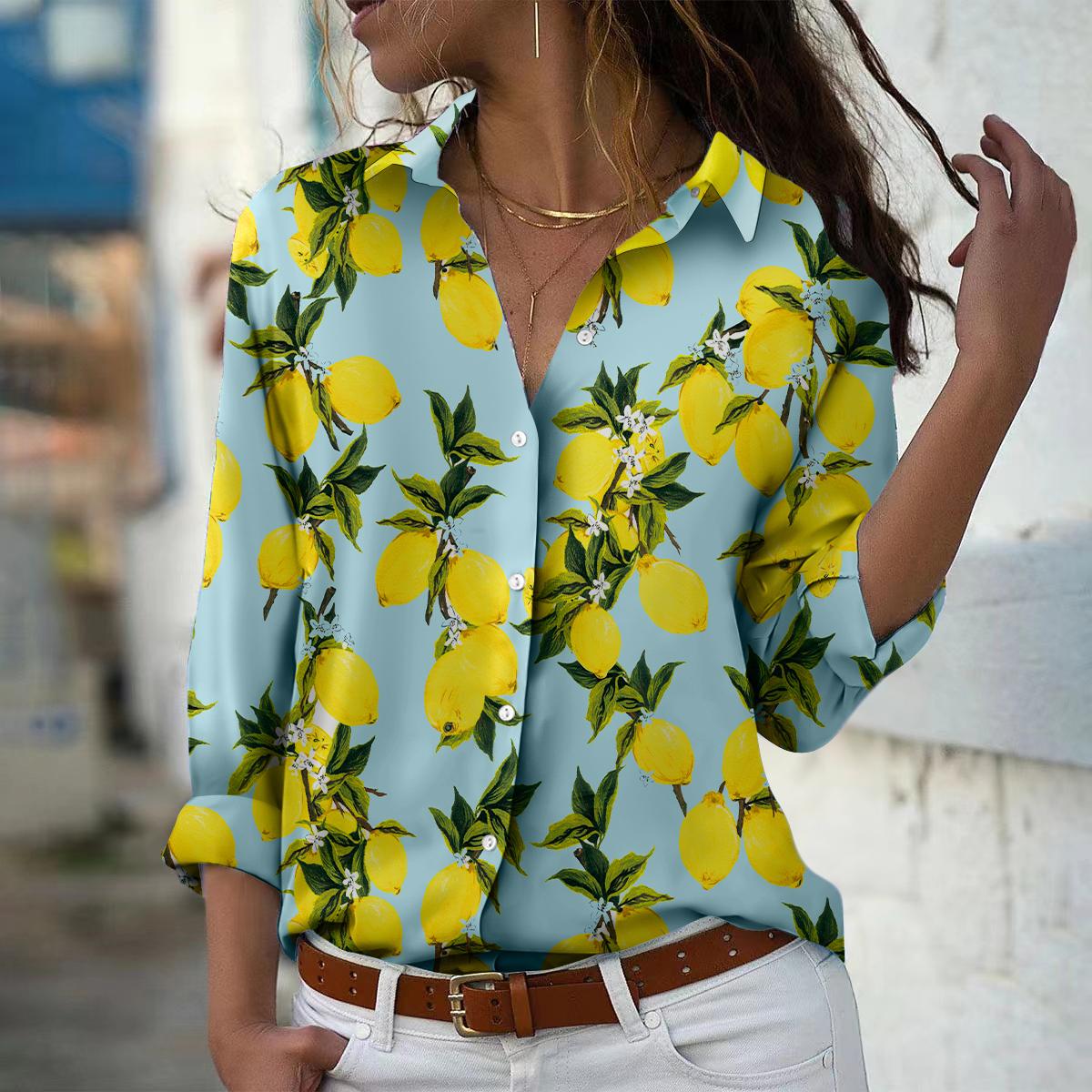 Wassermelone Druck Frauen Bluse Frühling Herbst Femme Büro Dame Button Up Drehen Unten Kragen Shirts 7XL gelb von Joom DACH