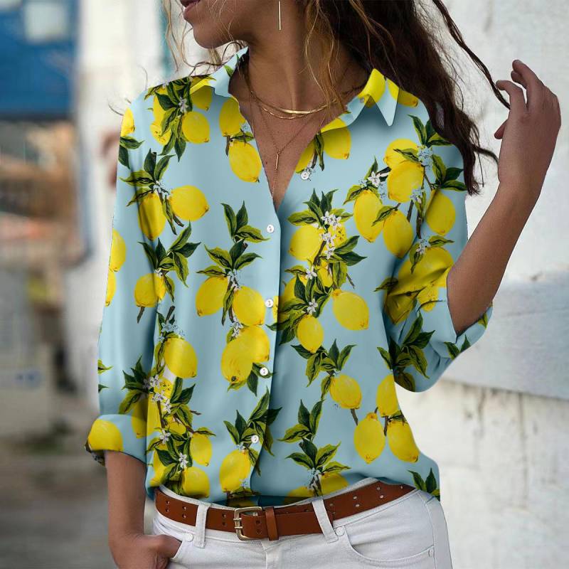 Wassermelone Druck Frauen Bluse Frühling Herbst Femme Büro Dame Button Up Drehen Unten Kragen Shirts 7XL gelb von Joom DACH