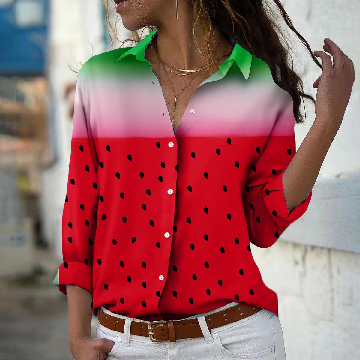 Wassermelone Druck Frauen Bluse Frühling Herbst Femme Büro Dame Button Up Drehen Unten Kragen Shirts L rot von Joom DACH