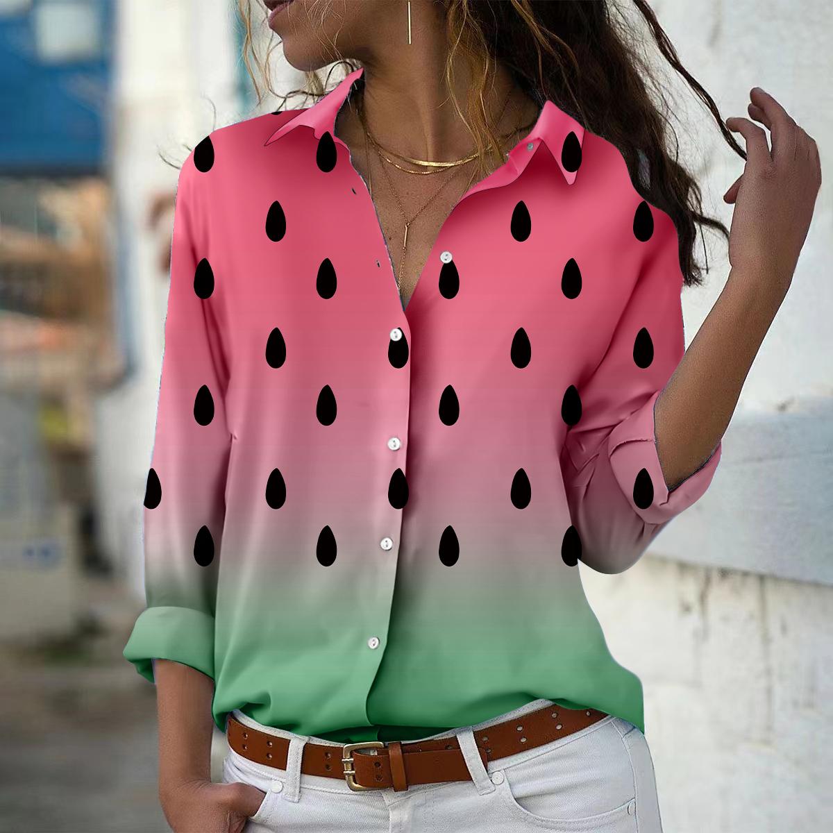 Wassermelone Druck Frauen Bluse Frühling Herbst Femme Büro Dame Button Up Drehen Unten Kragen Shirts L rosa von Joom DACH