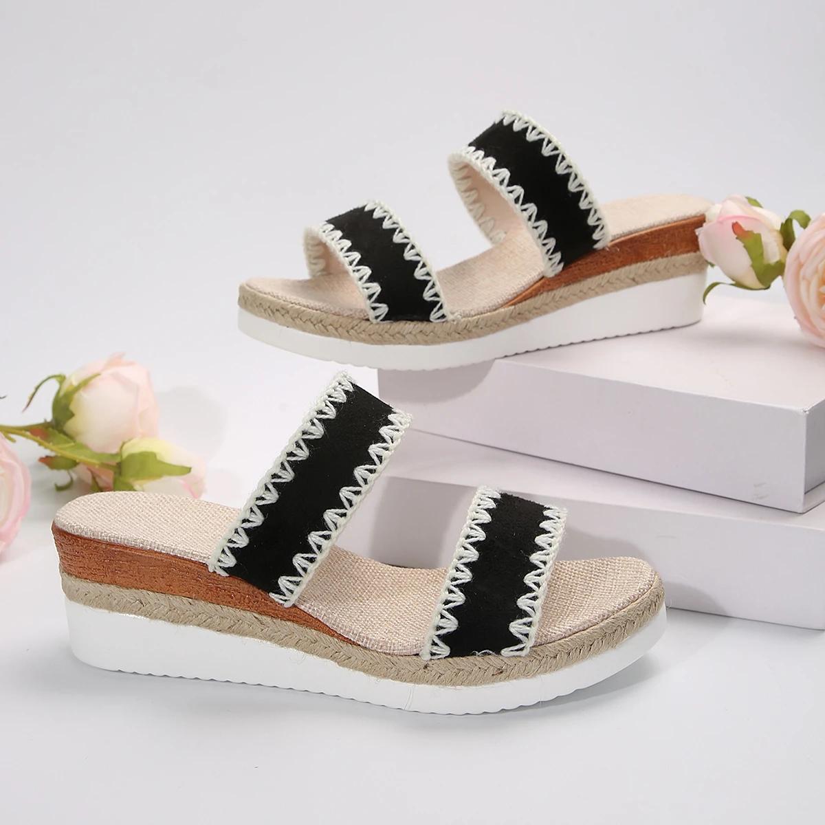 Weben Keile Damen Hausschuhe Schuhe Neu Sommer Plateau Böhmische Mode Strand Freizeit Sandalen Flip Flops Mujer Slides 42 schwarz von Joom DACH