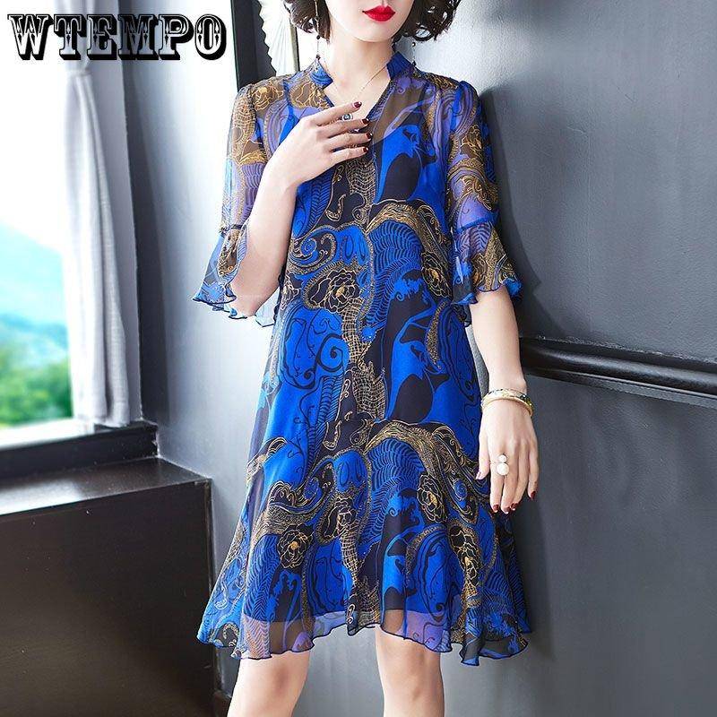 Weibliche Sommer Retro Chiffon Kleid Lose Druck Simulation Seide Mittellange Kleider 5XL blau von Joom DACH