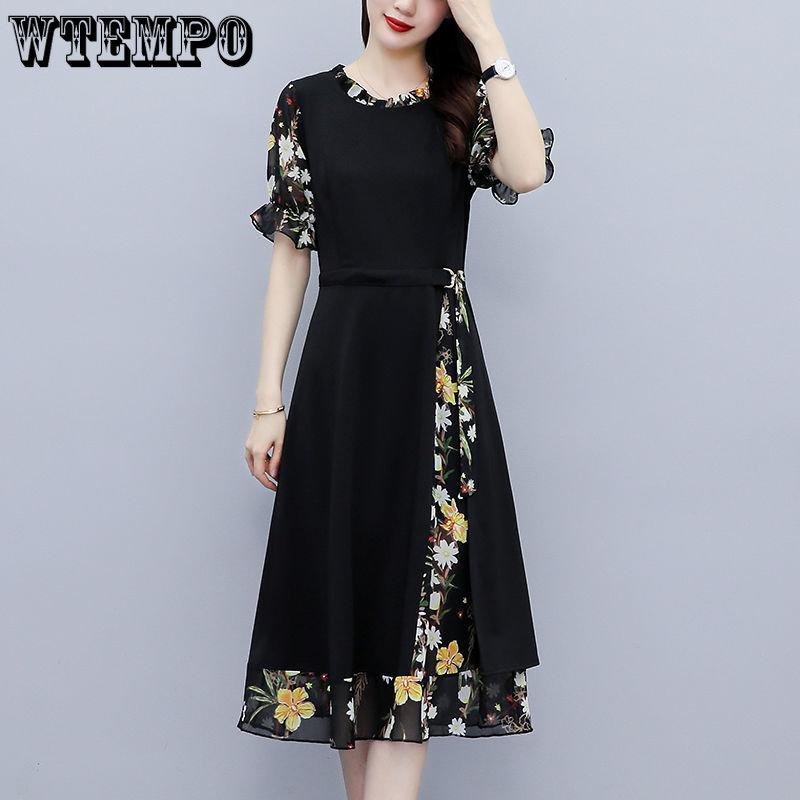 Weibliche Sommermode Print Splicing Chiffon Kleid Beliebte Schlanke Taille Temperament Kleider XXXL schwarz von Joom DACH