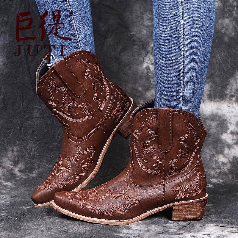 Weibliche Western Cowboy Stiefel Frauen Leder Quadratische High Heels Kurze Shose Cowgirl Booties Ankle Botas Kosaken Schuhe Land 38 braun von Joom DACH