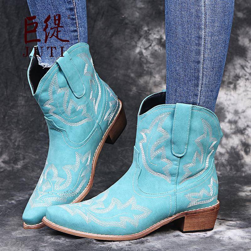 Weibliche Western Cowboy Stiefel Frauen Leder Quadratische High Heels Kurze Shose Cowgirl Booties Ankle Botas Kosaken Schuhe Land 39 blau von Joom DACH