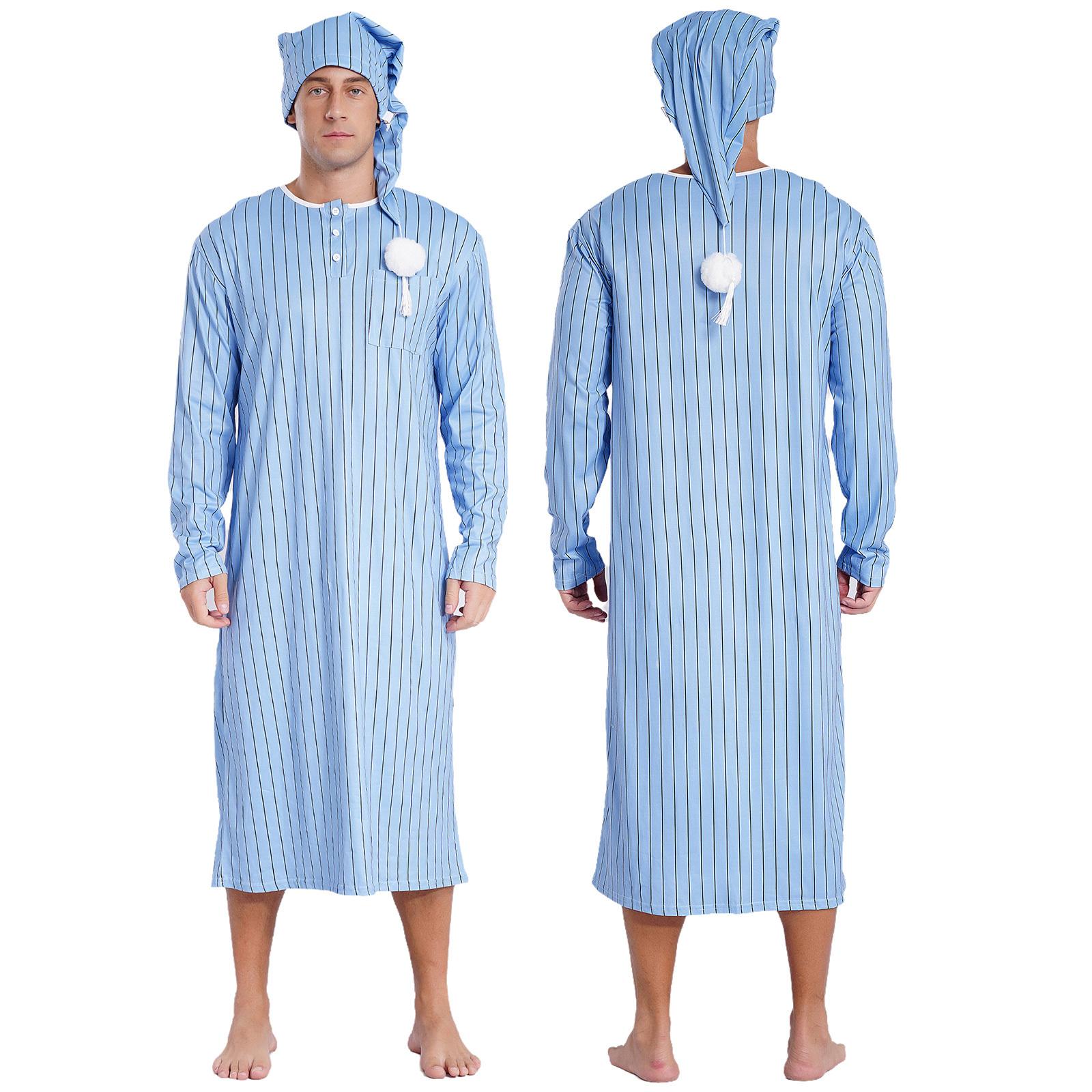 Weiche, lockere Nachtwäsche für Herren, gestreiftes Langarm-Nachthemd mit Schlafmütze, Pyjama-Set L hellblaue von Joom DACH