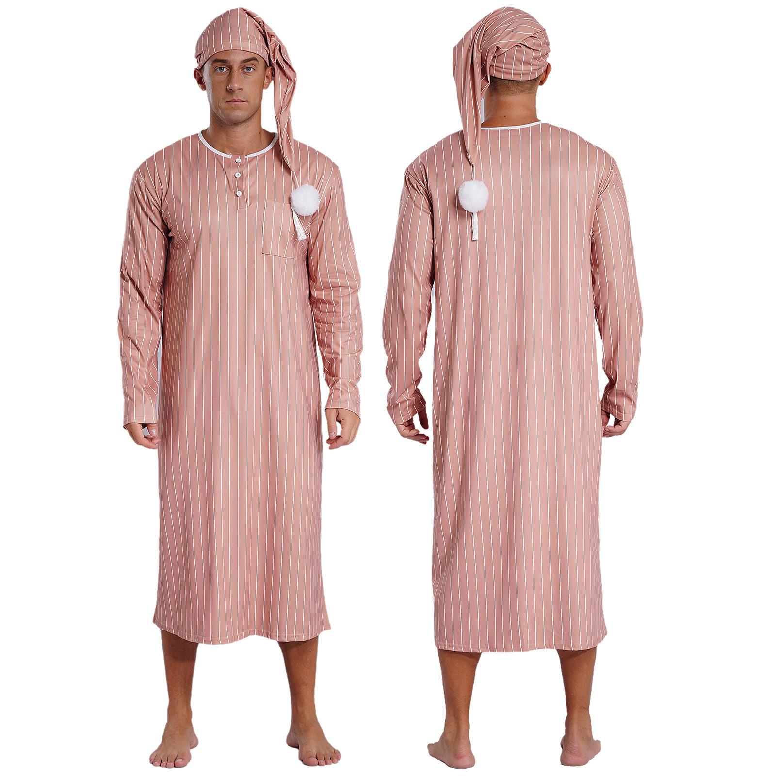 Weiche, lockere Nachtwäsche für Herren, gestreiftes Langarm-Nachthemd mit Schlafmütze, Pyjama-Set M khaki von Joom DACH