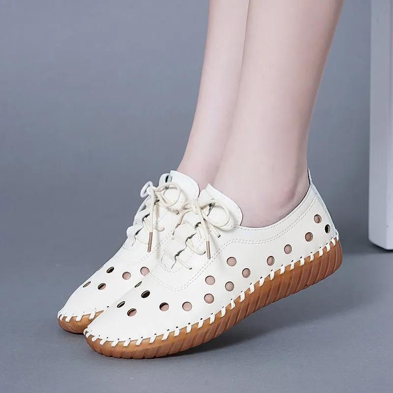 Weiche Leder Hohl Damen Schuhe Sommer Loch Sandalen Sehne Sohle Sandalen Flache Freizeitschuhe Weiche Sohle Mutter Sandalen 35 beige von Joom DACH