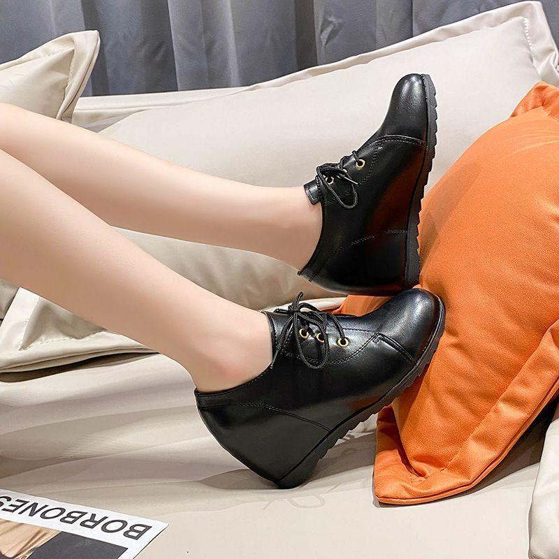 Weiche Lederschuhe für Damen, Frühlings-Pumps mit niedrigem Schnitt, passend zu allen runden Zehen, weichem Leder, Keilabsatz, Schnürschuhe aus kleinem Leder 40 schwarz von Joom DACH