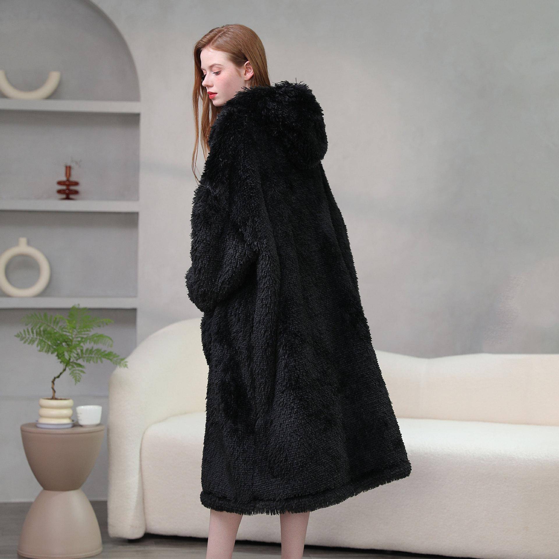 Weiches, warmes Nachthemd mit Kapuze, dickes Korallenvlies, für Damen, Herbst- und Winternachtwäsche, lockeres Flanell-Hauskleid, Loungewear, Nachthemd, Bademantel One Size von Joom DACH