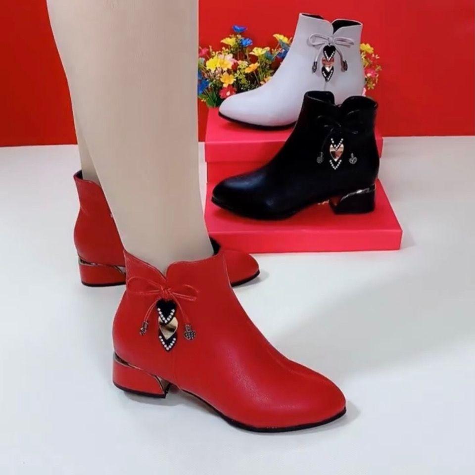 Weiches Leder Damen Warme Schneestiefel Hoher Absatz Schwarz Beige Winter Stilvoll Rutschfest Seitenreißverschluss Stiefeletten EU37/CN38 rot von Joom DACH