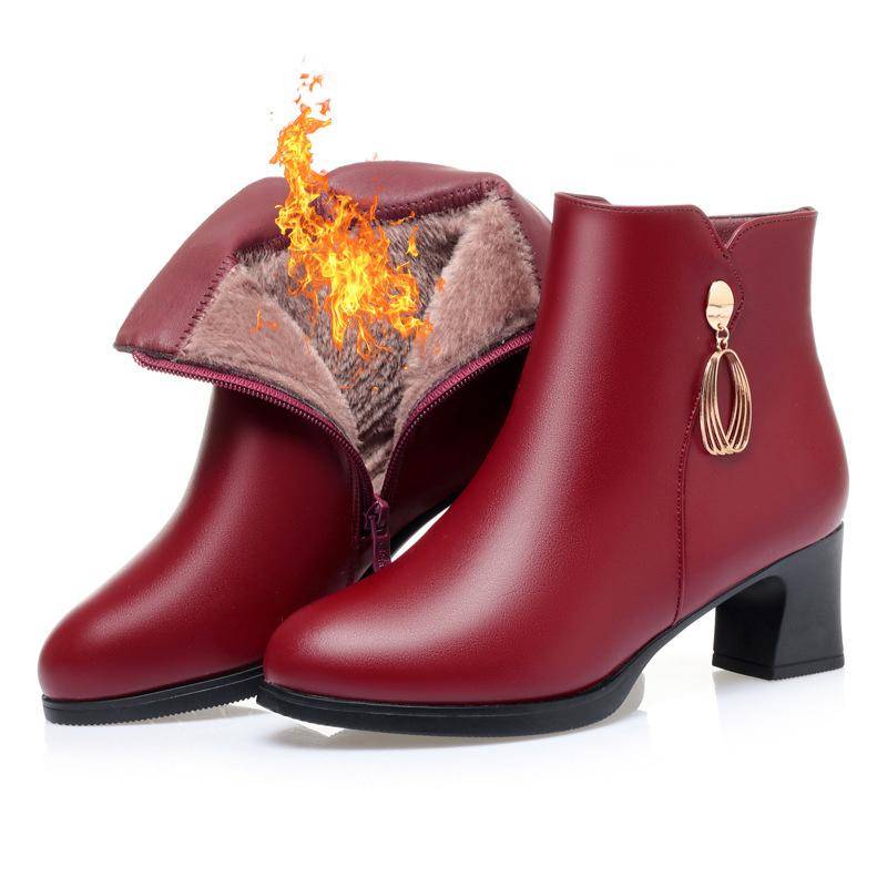 Weiches Leder Damen Warme Wolle Schneestiefel Hoher Absatz Schwarz Beige Neu Winter Stilvoll Rutschfest Seitenreißverschluss Stiefeletten 36 von Joom DACH