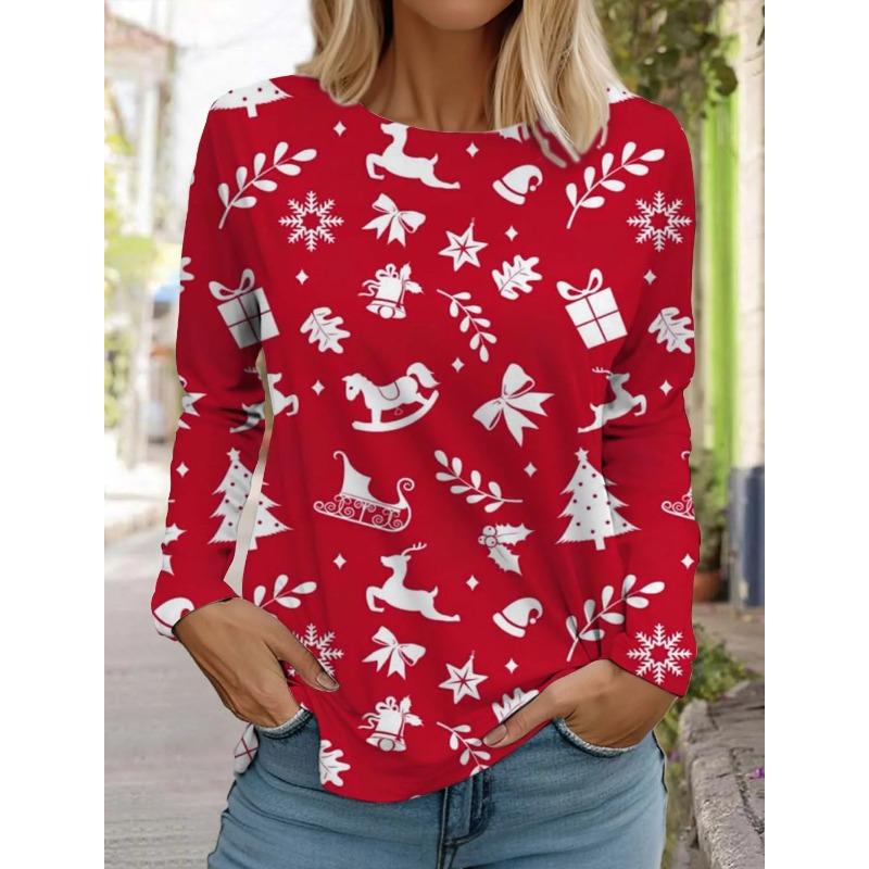 Weihnachten Damen Langarm Lustiges Weihnachtsmann 3D Muster T-Shirt 2024 Herbstmode Elch Damen Oberteile Pullover Kleidung 6XL von Joom DACH