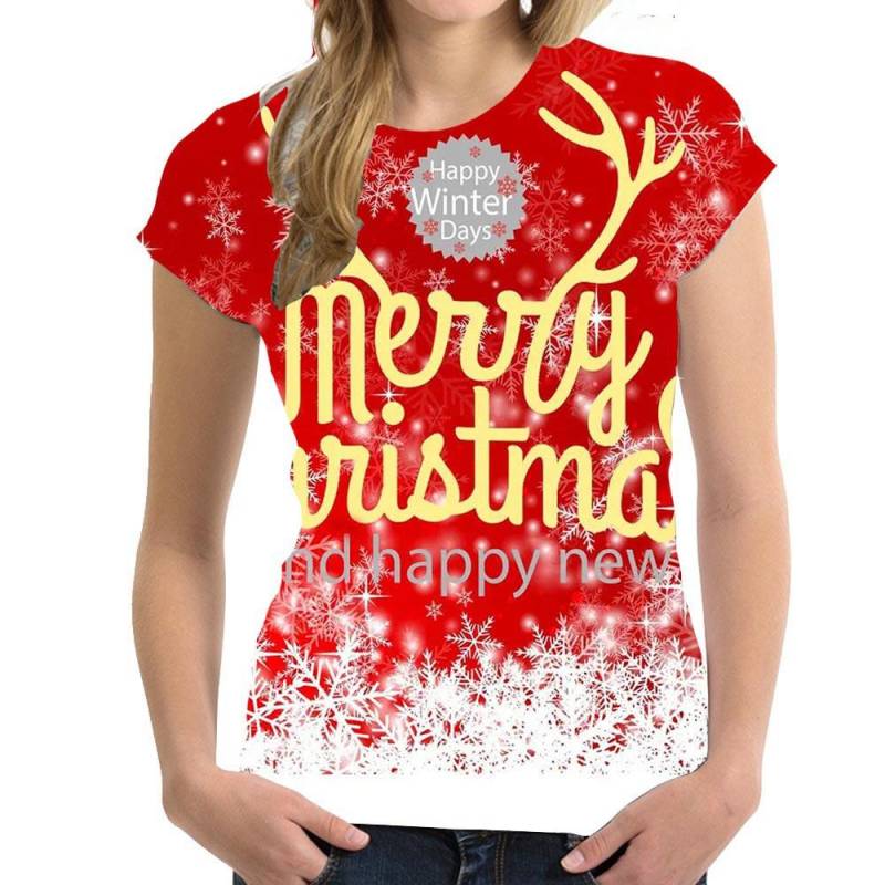 Weihnachten Damen T-Shirt Festliche Kleidung Lässige Mode Kurzarm Top Cartoon Anime Weihnachtsbaum 3D Druck T-Shirt M von Joom DACH