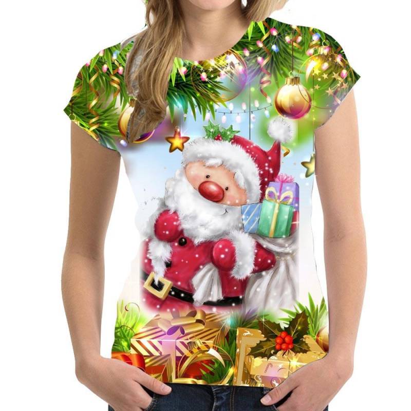 Weihnachten Damen T-Shirt Festliche Kleidung Lässige Mode Kurzarm Top Cartoon Anime Weihnachtsbaum 3D Druck T-Shirt M von Joom DACH