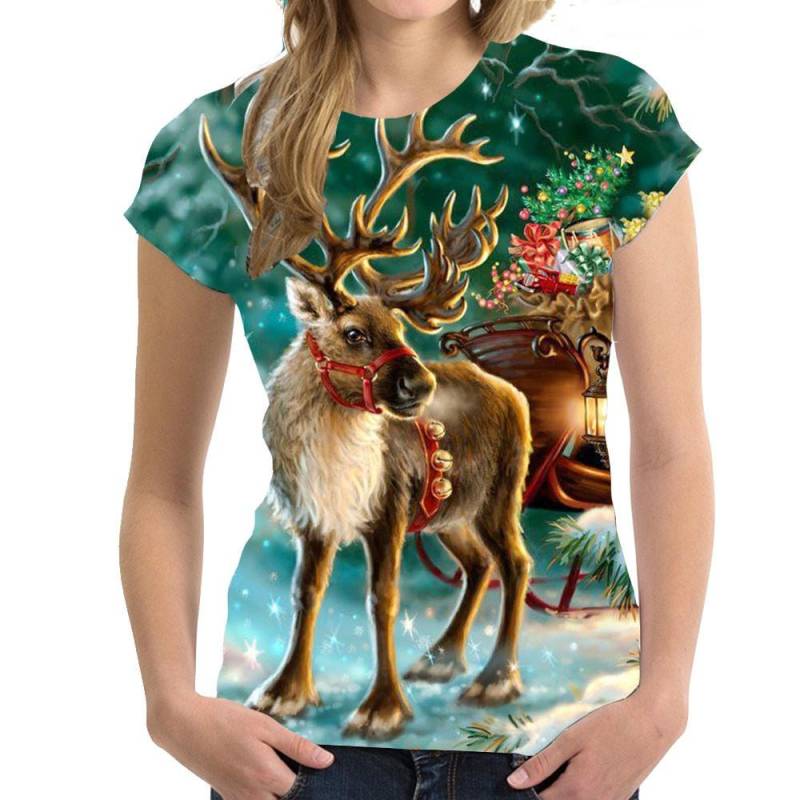 Weihnachten Damen T-Shirt Festliche Kleidung Lässige Mode Kurzarm Top Cartoon Anime Weihnachtsbaum 3D Druck T-Shirt XL von Joom DACH