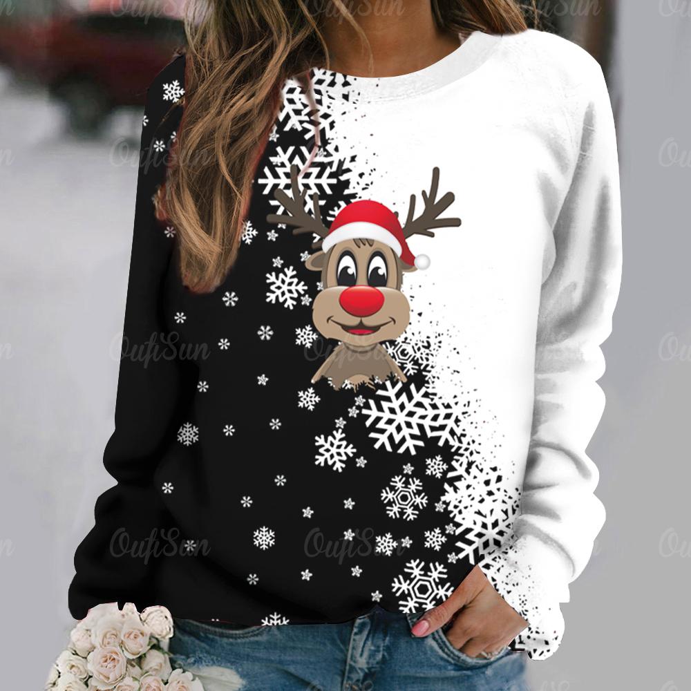 Weihnachten Frauen Lange Ärmel T-Shirt Cartoon Elch Druck Nachahmung Baumwolle T Shirt Dame Übergroßen Sweatshirt Neue Harajuku Pullover 6XL von Joom DACH