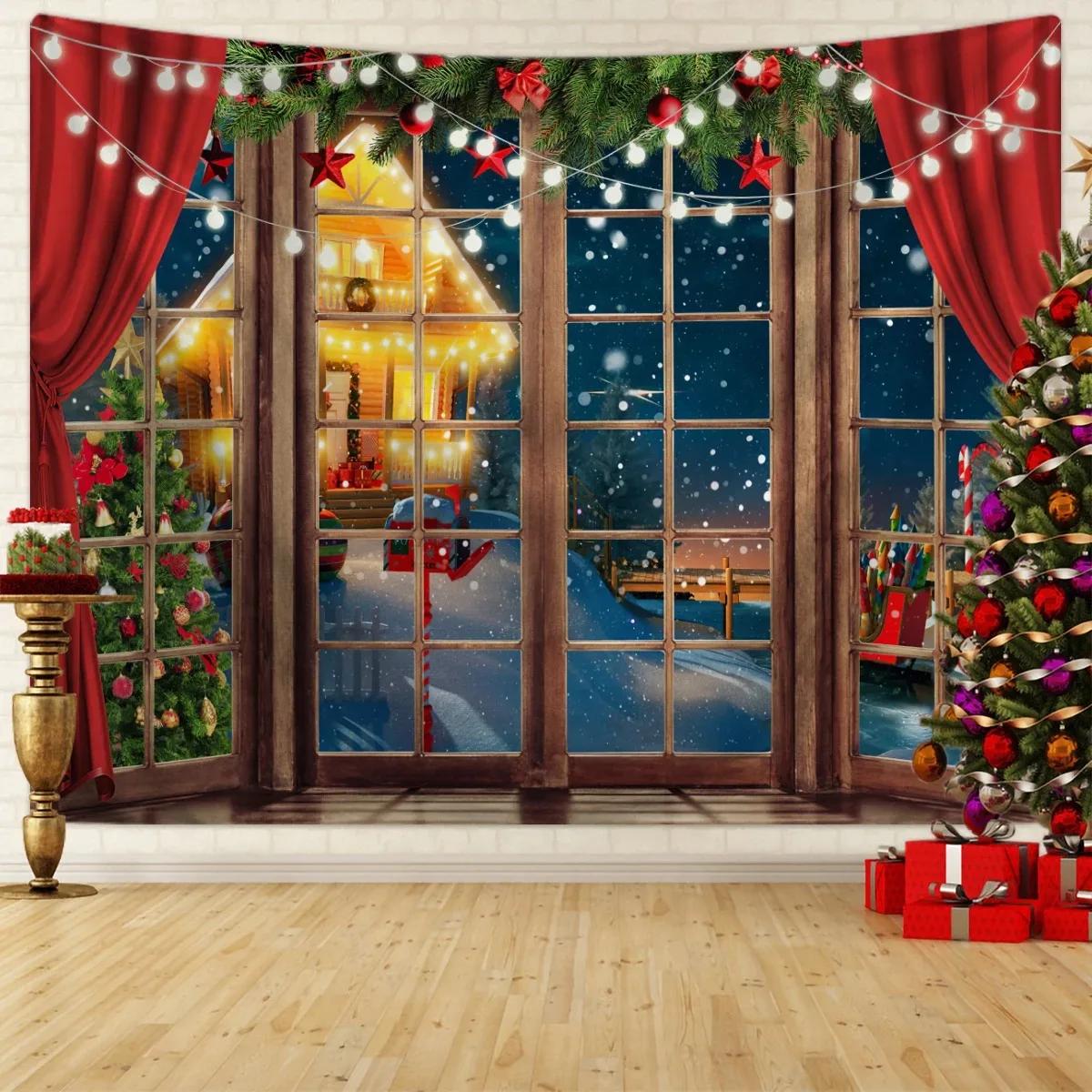 Weihnachten Party Dekoration Wandteppich Fenster Schnee Szene Weihnachtsbaum Weihnachtsmann Fotografie Hintergrund Tuch 150x130cm von Joom DACH