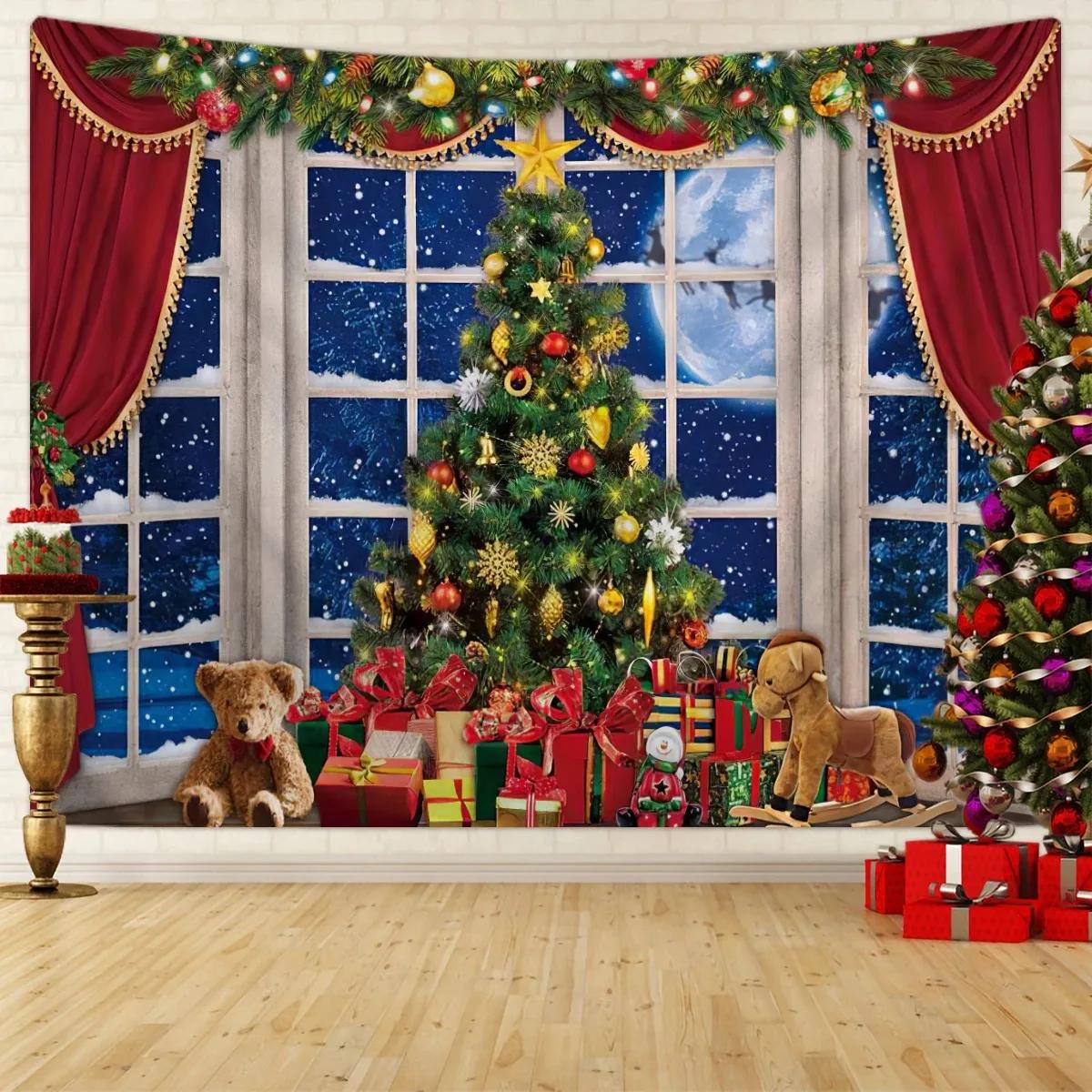 Weihnachten Party Dekoration Wandteppich Fenster Schnee Szene Weihnachtsbaum Weihnachtsmann Fotografie Hintergrund Tuch 230x180cm von Joom DACH