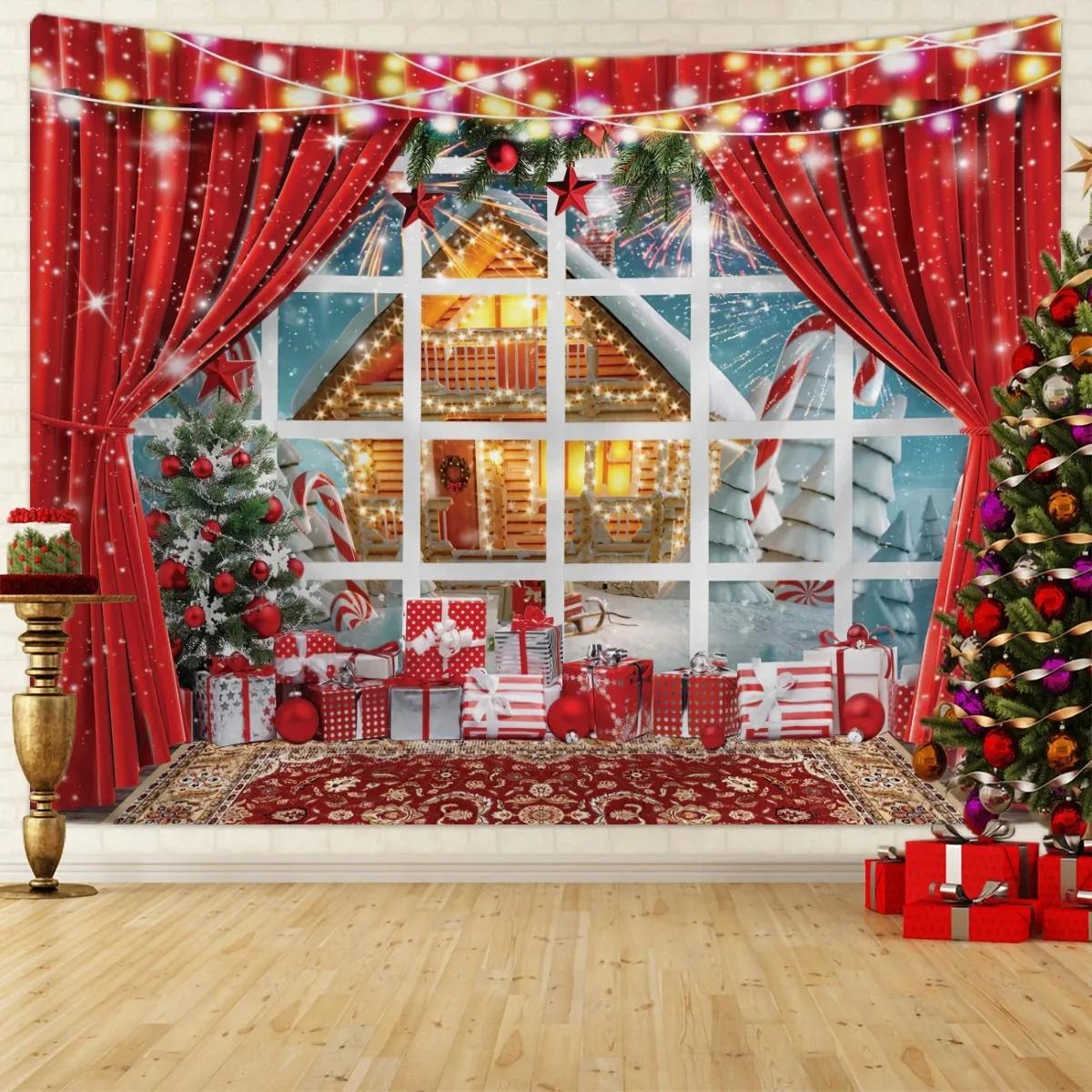 Weihnachten Party Dekoration Wandteppich Fenster Schnee Szene Weihnachtsbaum Weihnachtsmann Fotografie Hintergrund Tuch 230x180cm von Joom DACH