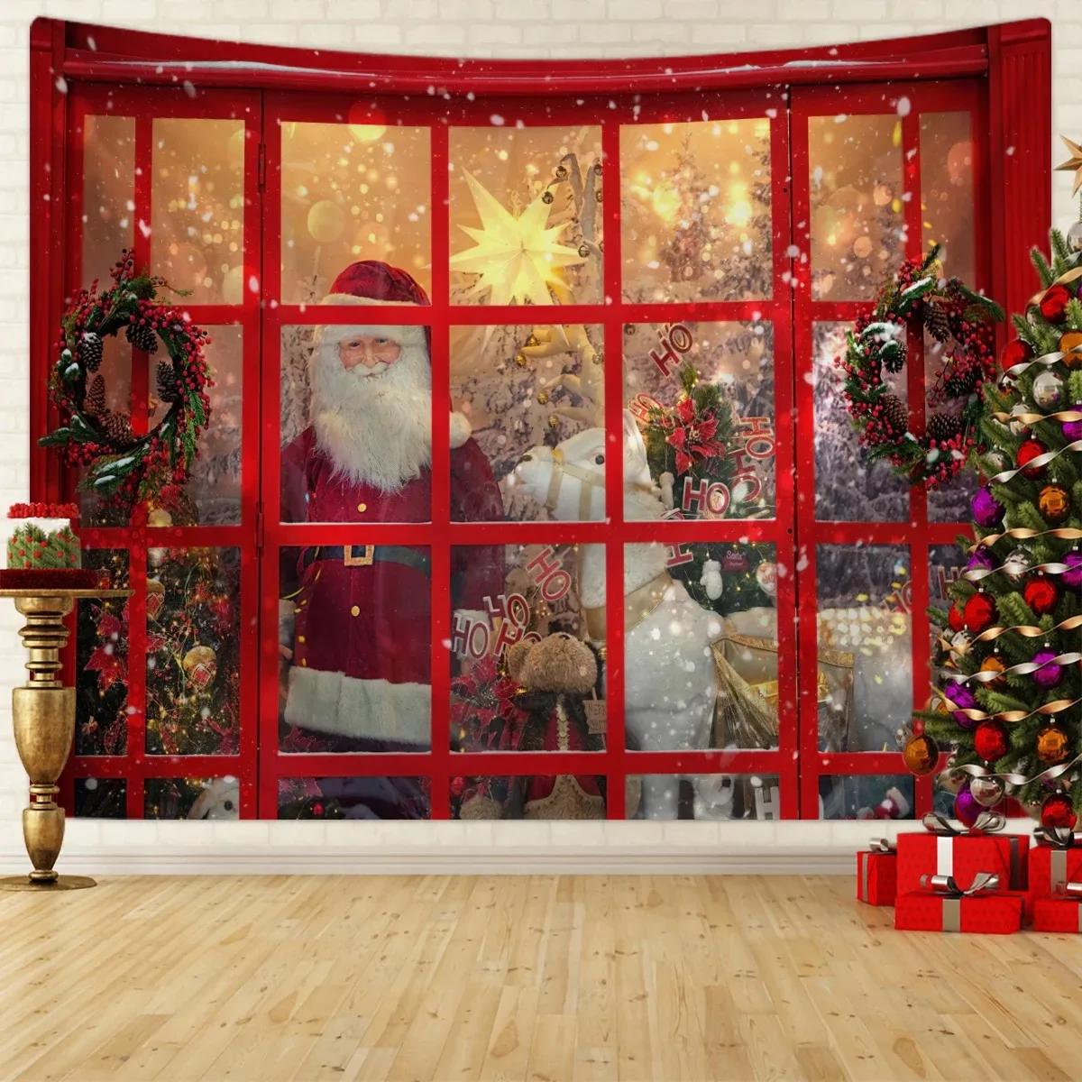 Weihnachten Party Dekoration Wandteppich Fenster Schnee Szene Weihnachtsbaum Weihnachtsmann Fotografie Hintergrund Tuch 230x180cm von Joom DACH