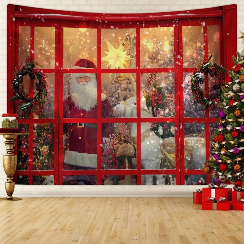 Weihnachten Party Dekoration Wandteppich Fenster Schnee Szene Weihnachtsbaum Weihnachtsmann Fotografie Hintergrund Tuch 230x180cm von Joom DACH