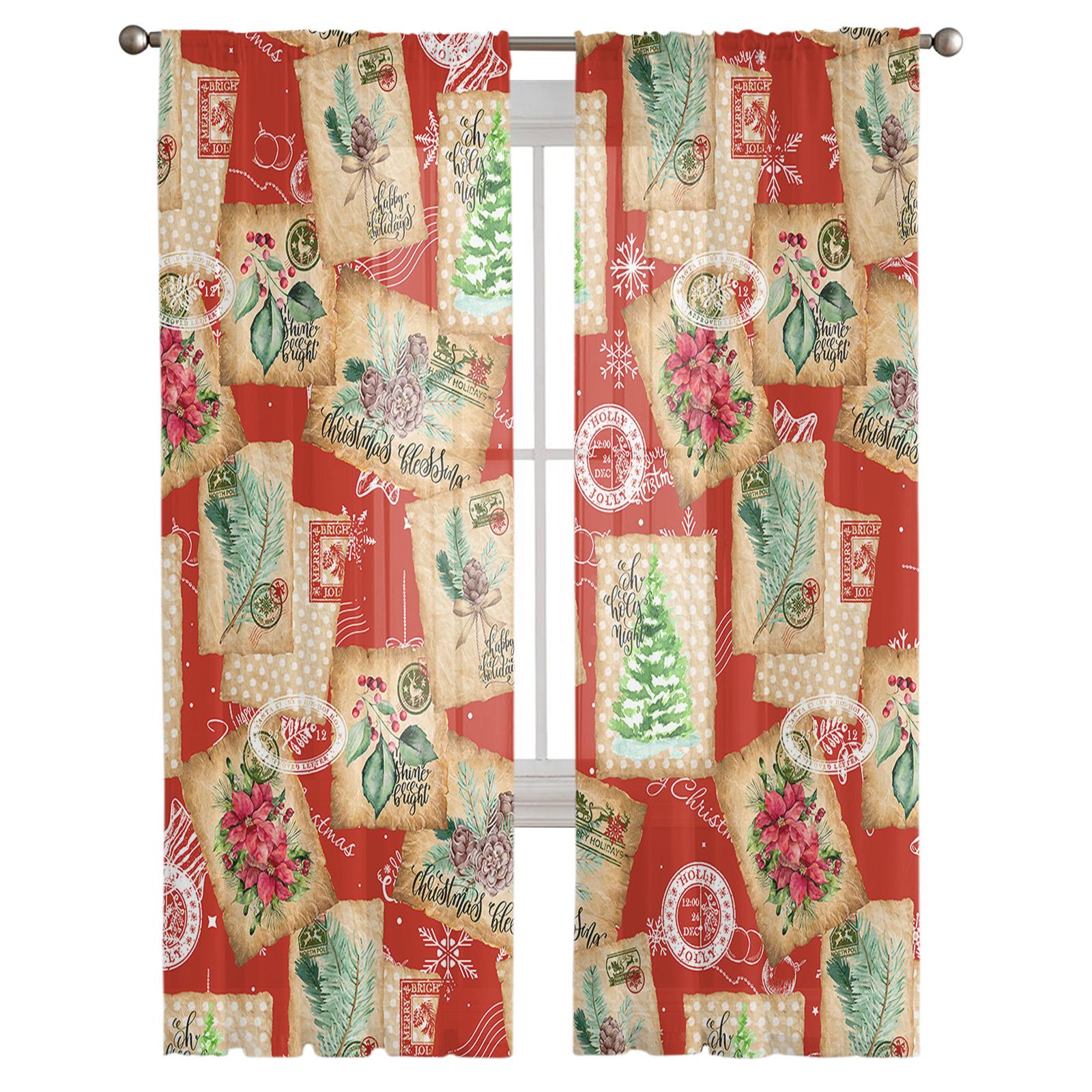 Weihnachten Retro Umschlag Stempel Wohnzimmer Transparent Tüll Fenster Vorhang Schlafzimmer Küche Dekor Schleier Vorhänge Vorhänge 135W x 114H(cm) von Joom DACH